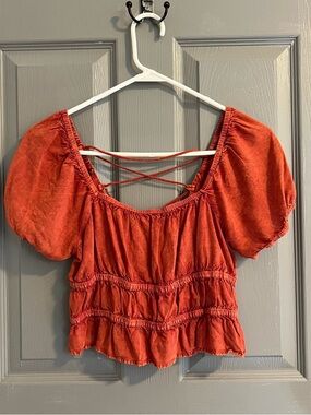 Rebellion Again Rust Red Orange Puff Sleeve Peasant Top Crisscross Back Medieval
